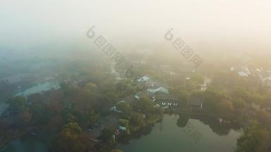 杭州西溪湿地晨雾云雾缭绕航拍